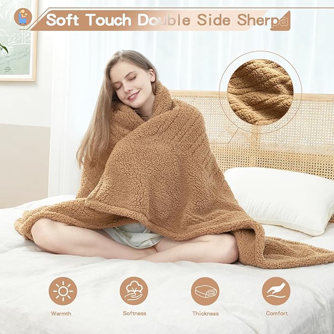 Heated Throw Blanket Double Sided Sherpa, Soft Heating Electric Blanket for Bed, Automatic Safety System, 6 Heating Levels & 4 Hours Auto-Off, 50"x60" Camel