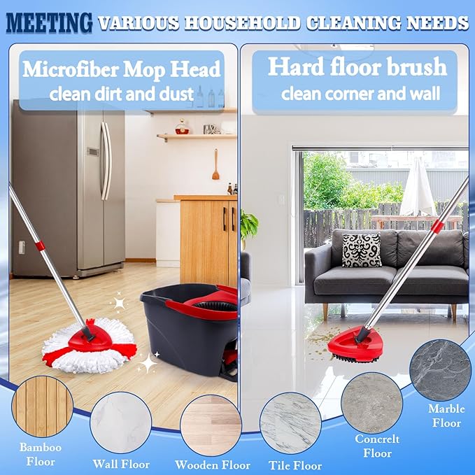4 Pack Spin Mop Replacements Head Compatible for EasyWring 1-Tank System,Microfiber Spin Mop Refills Head,1 Mop Scrub Brush + 1 Mop Base + 4 Pack Cleaning Floor Mop Head(Red)