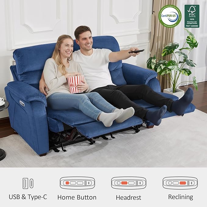 MCombo Zero Wall Recliner Loveseat, Power Recliner Loveseat with Adjustable Headrest, USB A & C Charge Ports, Wood Legs, for Living Room, RVs, Small Spaces (Fabric, ST258M1, Navy Blue)