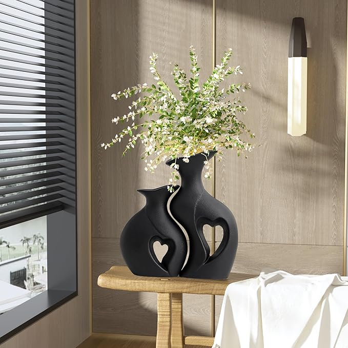 XL Black Snuggle Hollow Ceramic Vase Set of 2,Minimalist Decorative Modern Vases,Heart Shaped Flower Vase for Home Decor (XL Black W 9.7" X H 10.1")