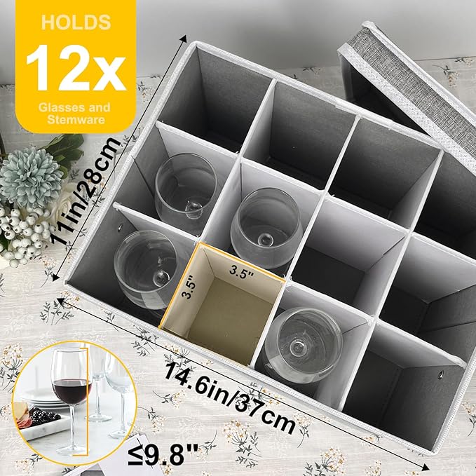 homyfort Mug and Wine Glass Storage Box with Dividers, Stemware Storage Cases and Coffee Cup Storage Organizer, China Crystal Storage Containers Hard Shell for Glassware Protection and Moving (Grey)