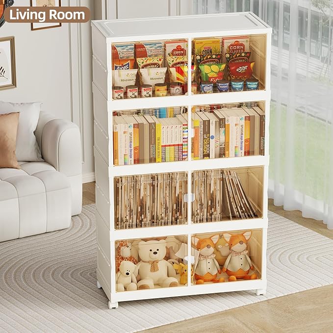 320 QT Extra Large Collapsible Storage Bins, 4 Tier Stackable Storage Bins for Closet Bedroom, XX-Large Plastic Containers with Wheels, Storage Cabinet with Magnetic Doors, White (320QT-4Tier)
