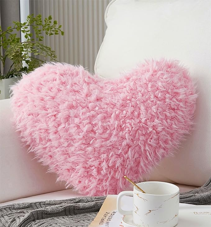 MOOWOO Pink Girl Heart Throw Pillow with Pillow Cover and Insert,Love Pillow,Valentines Day Decor, Shaggy Faux Fur Fluffy Pillow, Gift for Mothers,Girls (Pink,Heart Shape-15.7X15.7Inches)