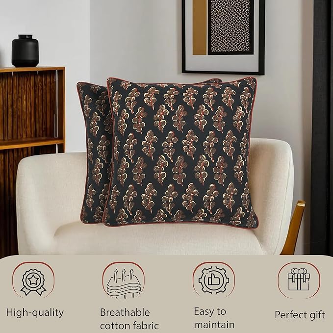 Ridhi Hand Block Print 18x18 Black Decorative Outdoor Couch Throw Canvas Pillow Cover Set of 2 Washable Modern Vintage Boho Chic Spring Home Decor GIFS Cover