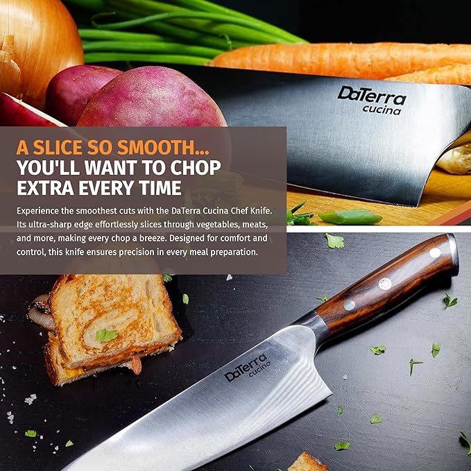 DaTerra Cucina - 8 Inch Chef Knife – German Steel Professional Kitchen Knife with Ergonomic Rosewood Handle, Sharp, Durable, Easy to Clean | Ideal for Chopping, Slicing & Dicing