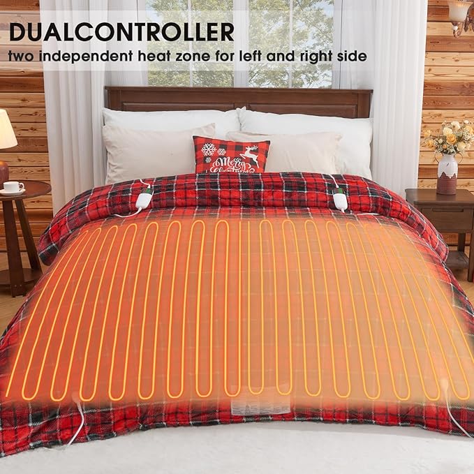 Electric Heated Blanket King Size, 90X100 Christmas Blanket with Dual Control&10 Heats Levels&Timer for Bed,Large Red Plaid Soft Sherpa Heating Blankets Warmer Gifts for Grandma Women Adults, ETL