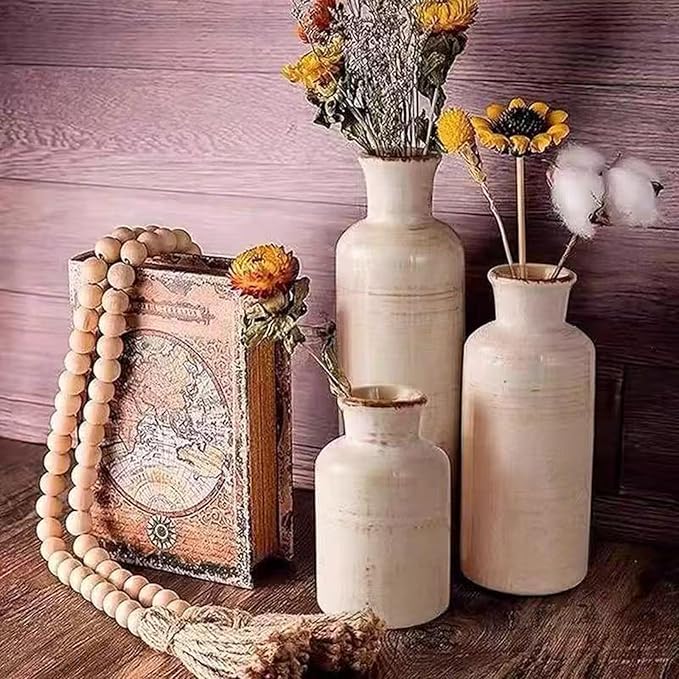 Distressed White Ceramic Vase Set of 3,Small Ceramic Vases for Home Decor,Rustic Farmhouse Vase for Flowers,Decorative Vases for Centerpieces,Table Shelf,Fireplace and Entrance
