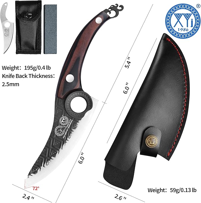 XYJ FULL TANG 6 Inch Boning Knife With Sheath, Stainless Steel Portable Chef Fishing Knife Wood Handle, Meat Cleaver Butcher Knife For Kitchen Camping Outdoor BBQ