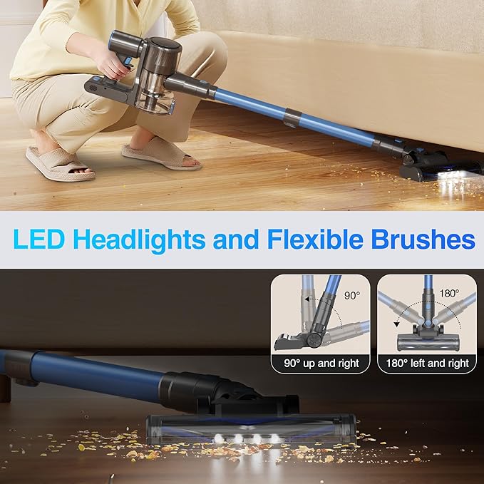 Zefiro Cordless Vacuum Cleaner for Home,450W /40Kpa Stick Vacuum with 50Mins Working Time, Anti-Tangle 1.5L Dust Cup, Rechargeable Wireless Handheld Vacuum for Pet Hair/Carpet/Floor,C10 (Gray)