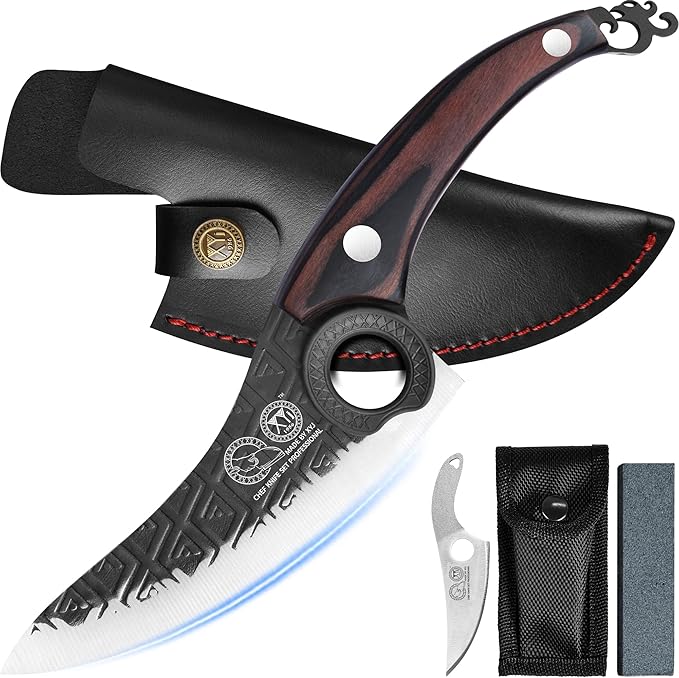 XYJ FULL TANG 6 Inch Boning Knife With Sheath, Stainless Steel Portable Chef Fishing Knife Wood Handle, Meat Cleaver Butcher Knife For Kitchen Camping Outdoor BBQ