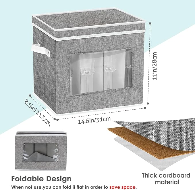 homyfort Grey Stemware Storage Case Organizer - Hard Shell Champagne Flute Storage Box with Dividers for 12 Crystal Glasses