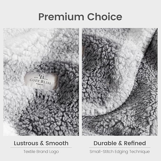 Cozy Bliss Luxury Sherpa Throw Blanket for Couch, Premium Reversible Buffalo Plaid Thick Throw, Warm Cozy Soft Blanket for Home and Gifts (Grey, 50" x 60")