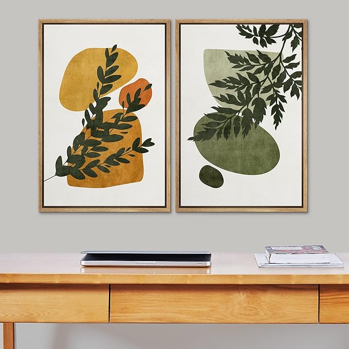 SIGNFORD Framed Canvas Print Wall Art Set Mid-Century Forest Fern Leaf Collage Abstract Shapes Illustration Modern Art Decorative Nordic Nature for Living Room, Bedroom, Office - 24"x36"x2 Natural