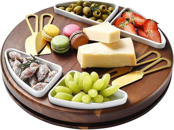 Shanik Upgraded Lazy Susan Cheese Cutting Board Set – Round Acacia Charcuterie Board with 4 Ceramic Bowls, Elegant Appetizer Tray Gift