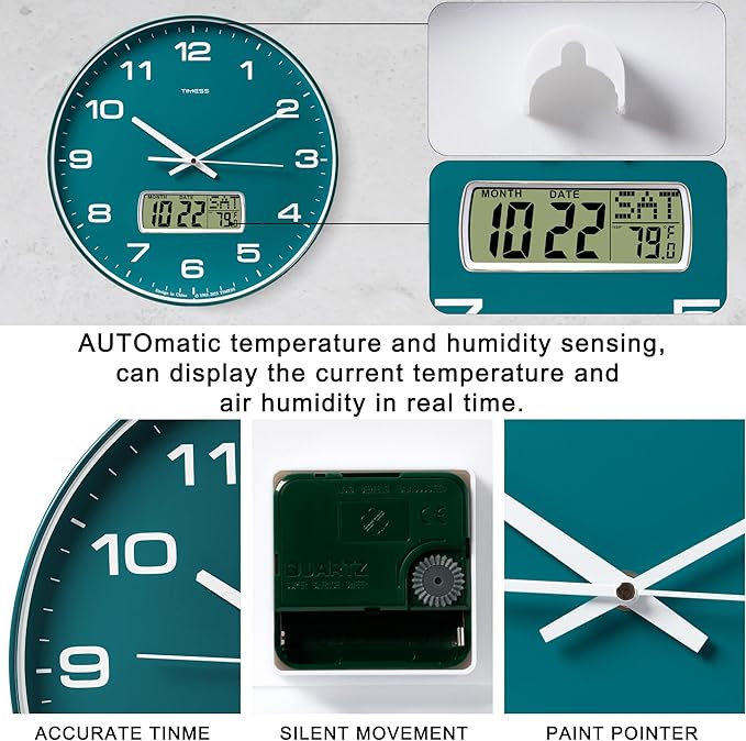 Wall Clock, 14" Large Dial Non-Ticking Silent Battery Operated Analog with LCD Display for Perpetual Calendar and F° Temperature, Ideal Modern Home, Bedroom, Kitchen, Office Decor(Green)