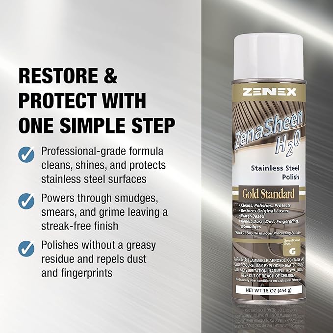 Zenex ZenaSheen H20 Stainless Steel Polish - Professional-grade Water-based Metal Cleaner, Polish & Protectant | Remove Grime & Restore Shine | Stainless Steel, Chrome, Brass & More | 16 oz (2 Pack)
