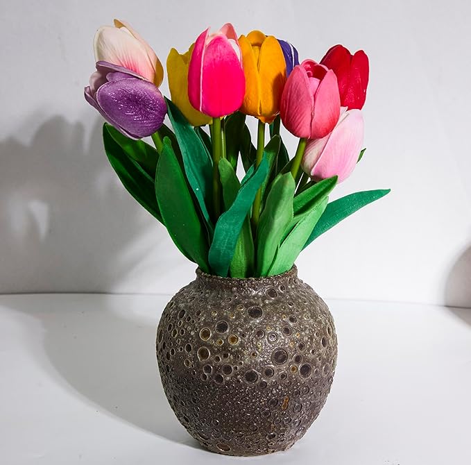 Rustic Pottery Ceramic Vase - Vintage Farmhouse Style Decor, White Grid Ceramic Vases for Home Decor, Modern Farmhouse Decor (Black and brown)