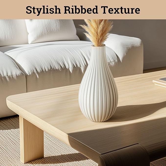 8 Inch White Ceramic Vase for Flowers, Centerpieces and Home Decor - Stylish Ribbed Textured 8 Inch Small White Vase for Pampas Grass - Decorative Vases for Centerpieces - Textured Vases Home Decor