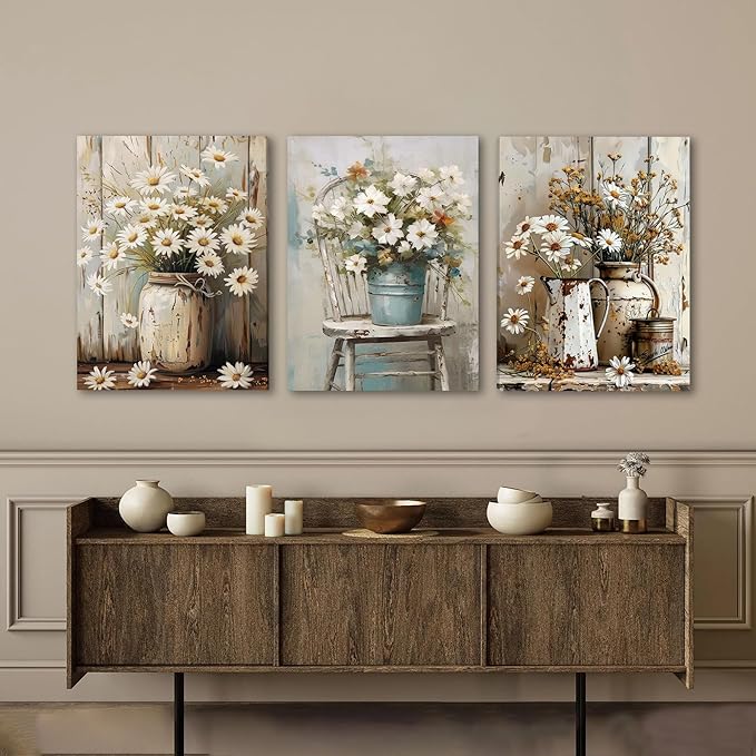 DUWQU 3 PCS Elegant Farmhouse Canvas Wall Art, Vintage Floral Pictures Art Wall Decor, Nature Themed Daisy Art Prints for Living Room Bedroom Kitchen and Office Ready to Hang 16×24 Inches