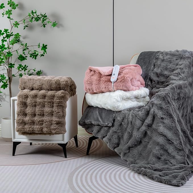 Heated Blanket Electric King- 100"x90" Soft Thick Bubble Electric Blanket for Sofa with 5 Heat Levels & 10 Hours Auto-Off Overheat Protection, Warm Cozy Gifts, Light Grey