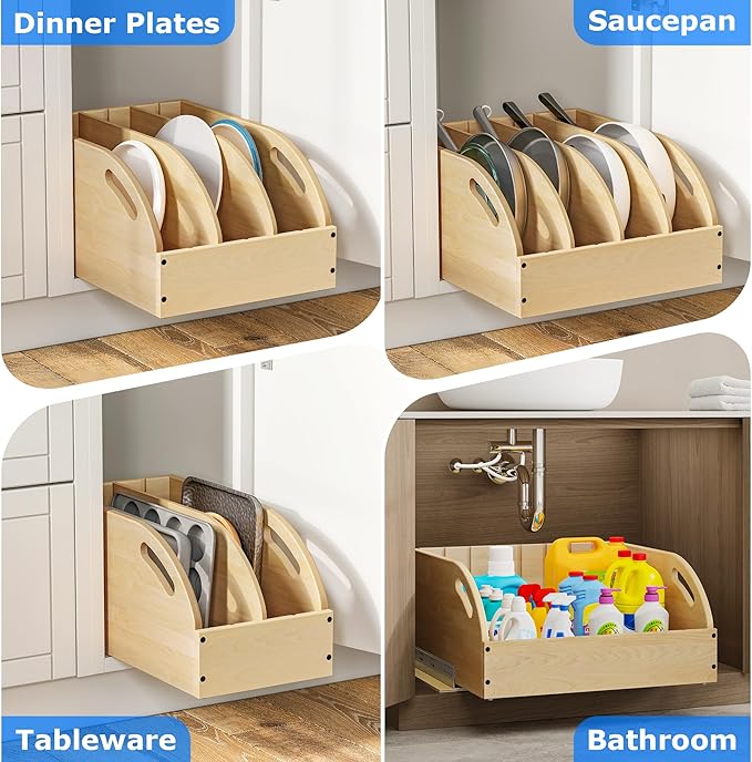 WelFurGeer Birchwood Pot and Pan Organizer with Soft-Close Drawer, Pull Out Cabinet Organizer, Heavy-Duty Slide-Out Storage for Baking Sheets, Cutting Boards, and Kitchen Utensils