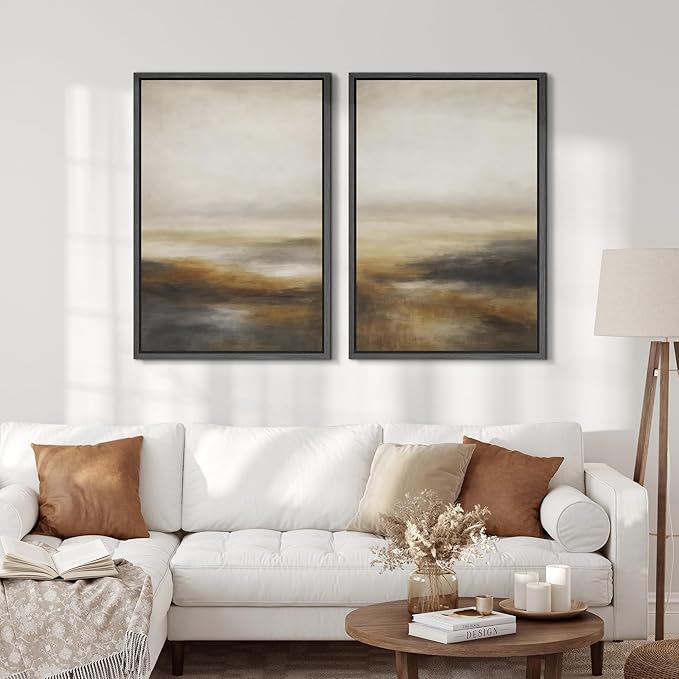 SIGNFORD Framed Canvas Print Wall Art Set Abstract Neutral Landscape Modern Beige and Brown Illustration Modern Art Decorative Nordic Nature for Living Room, Bedroom, Office - 24"x36"x2 Black