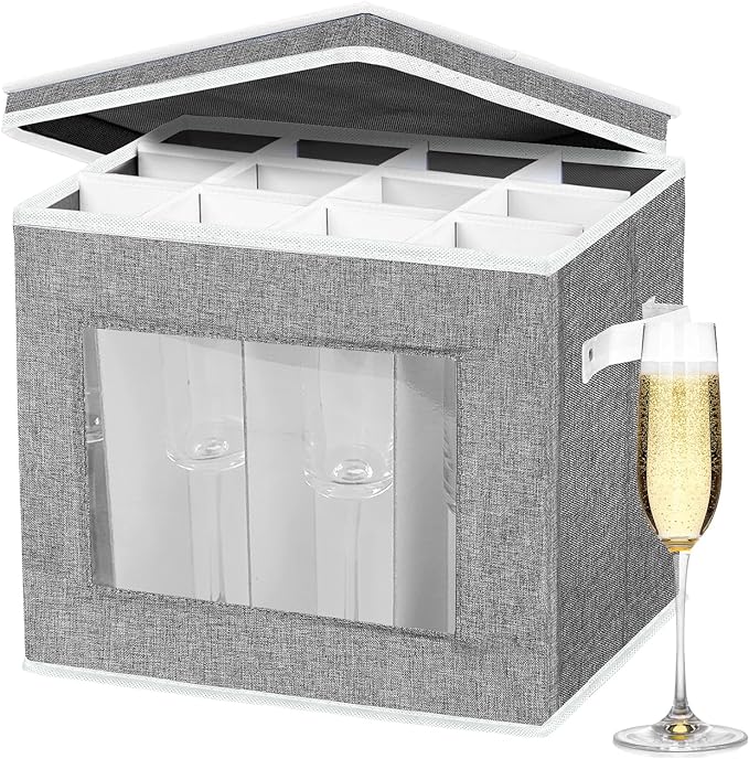 homyfort Grey Stemware Storage Case Organizer - Hard Shell Champagne Flute Storage Box with Dividers for 12 Crystal Glasses
