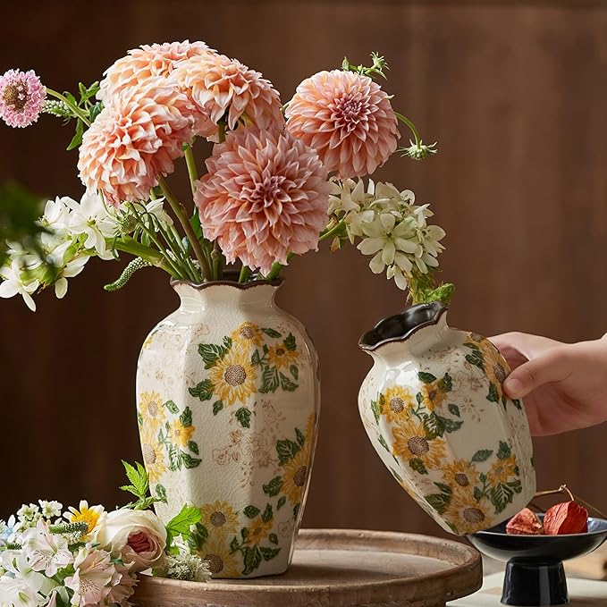 Levvohd Vintage Pastoral Octagonal Vase, 9.3 Inch Ceramic Sunflower Flower Vases, Rustic Farmhouse Antique Chinoiserie Floral Vase for Wall Art Bedroom and Shelf Home Decor (Octagonal)