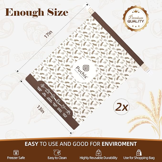 PUCHIS-2 Pack XL Cotton & Beeswax Bread Bags for Sourdough & Homemade Bread | Reusable Organic Storage, 17x13 in, Freezer-Safe Freshness