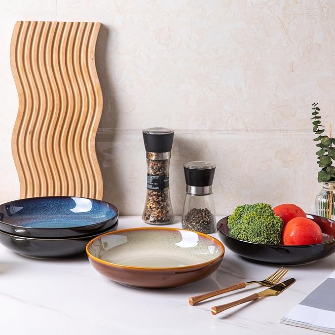 LERATIO Pasta Bowls,Ceramic 38oz Pasta Bowls,9.0" Reactive Glaze Pasta Bowl Set of 4,Microwave & Dishwasher,Oven Safe,Large Wide Serving Bowls for Salad, Dessert,Pizza,Fruit -Colorful