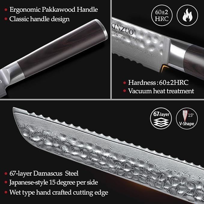 XINZUO 67 Layers Damascus Bread Slicing Knife, 8 Inch Serrated Bread Knife for Homemade Bread Sourdough,Razor Sharp,Dark Brown Pakkawood Handle