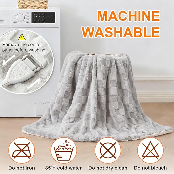 Electric Heated Throw Blanket - Jacquard Checkered Sherpa 50"x60" Fast Heating Bed Blankets with 6 Heating Levels & 4 Hours Auto Off, Over-Heat Protection ETL, Light Gray