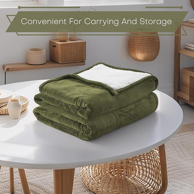 Electric Heated Blanket Twin Size 62"x84" - Microplush & Sherpa Fabric Dual-Sided, 6 Heat Settings & 1-10 Hours Auto Off , Cozy Warming Throw for Home, Office, or Bed, Machine Washable, Olive Green