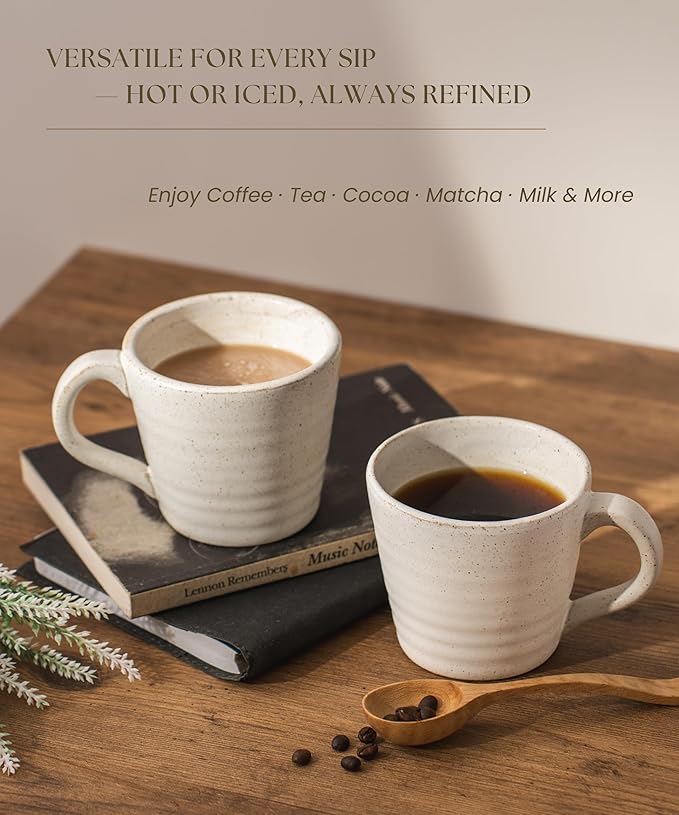 Stoneware Mug Set of 4-14oz Ceramic Coffee Mugs & Tea Cups with Handle - Perfect for Hot & Iced Drinks - Microwave & Dishwasher Safe - Rustic Minimalist Style - Oatmeal Cream - Ideal Gift