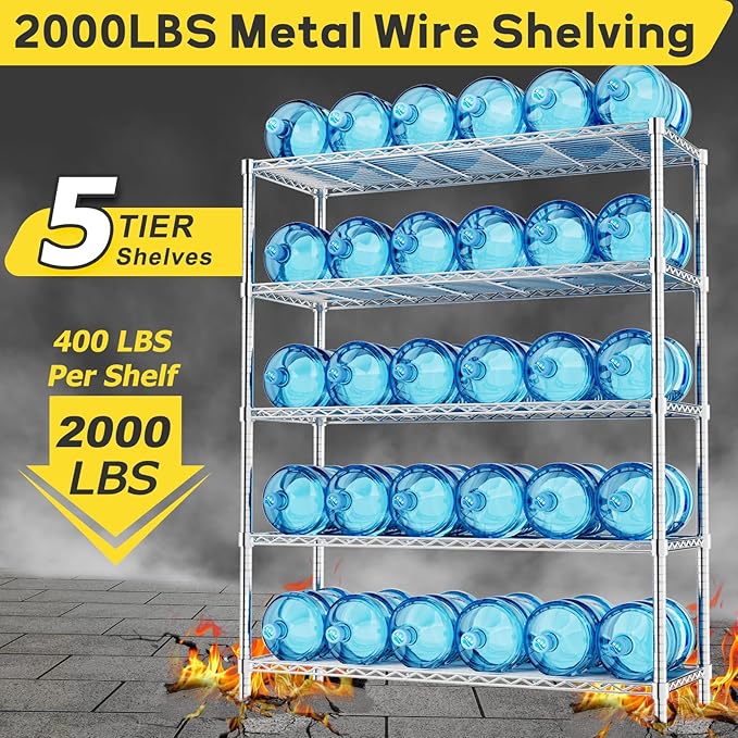 Storage Shelves, 2 PCS 48" L x 20" W x 72" H Heavy Duty Garage Wire Shelving Unit Loads 2000LBS, 5-Tier Adjustable Metal Industrial Utility Shelf Rack for Kitchen, Laundry Room, Basement