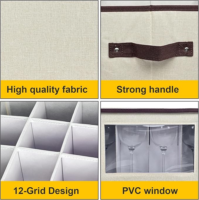 homyfort 2 Pack Wine Glass Storage Box with Dividers, Stemware Storage Case Organizer, China Crystal Glass Storage Containers for 24 Goblets (Beige)