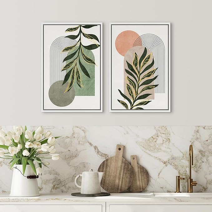 SIGNFORD Framed Canvas Print Wall Art Set Jungle Palm Leaf Geometric Polygons Abstract Shapes Illustration Modern Art Decorative Nordic Nature for Living Room, Bedroom, Office - 16"x24"x2 White