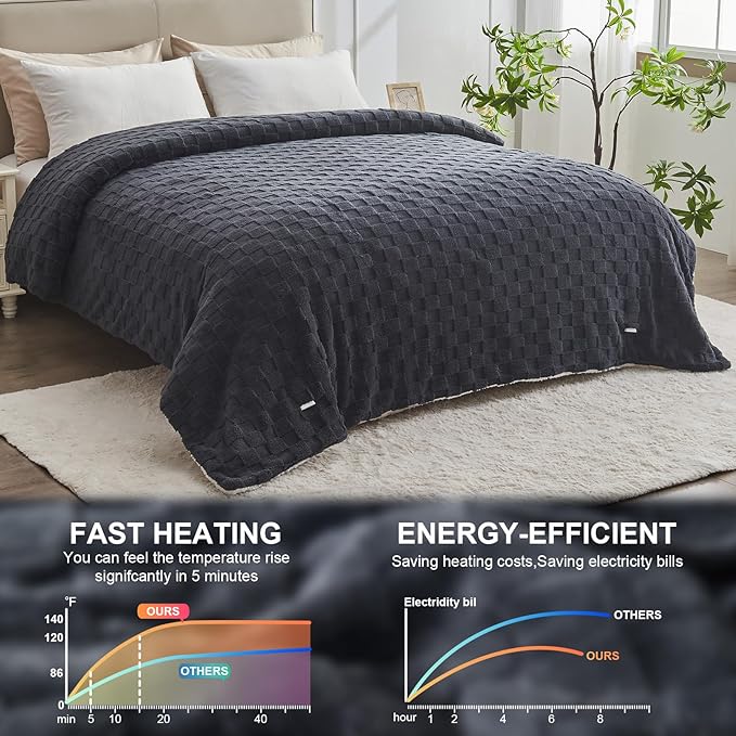 Electric Heated Blanket Queen Size Dual Control - Jacquard Checkered Sherpa 84"x90" Fast Heating Bed Blankets with 6 Heating Levels & 10 Hours Auto Off, Over-Heat Protection ETL, Dark Gray