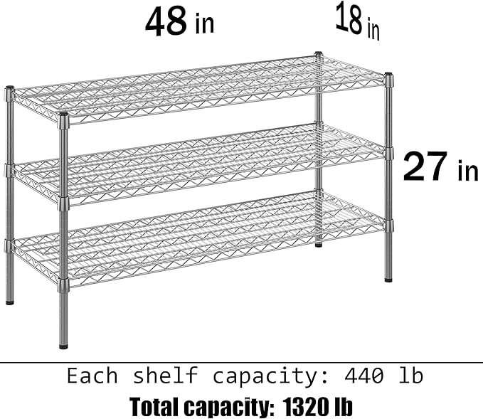 18" Deep x 48" Wide x 27" Height Wire Shelving Kit | 3-Tier | NSF Commercial Storage Rack Unit