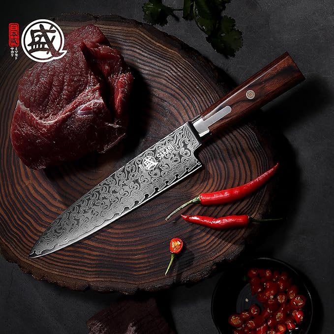 MITSUMOTO SAKARI Gyuto Chef Knife 8 inch, S301 Powder Damascus Steel Professional Kitchen Knife (Hand Forged)