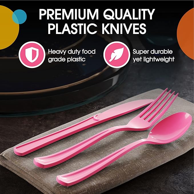 Party Solids Hot Pink Plastic Knives 200 Pcs Hot Pink Knives Disposable Utensils Heavy Duty Plastic Cutlery Set Disposable Cutlery Sets Flatware Sets Silverware Set Party Supplies & Party Tableware