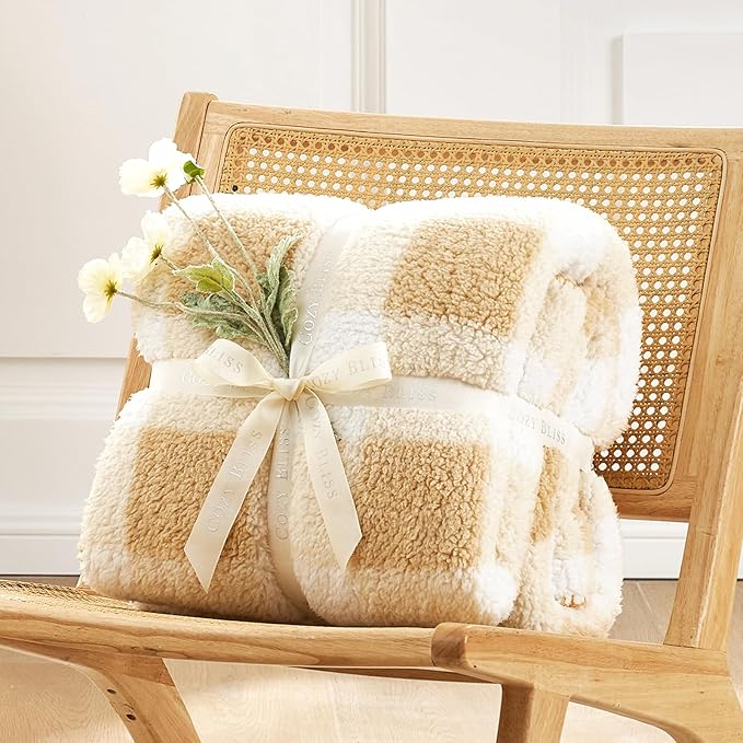 Cozy Bliss Luxury Sherpa Throw Blanket for Couch, Premium Reversible Buffalo Plaid Thick Throw, Warm Cozy Soft Blanket for Home and Gifts (Beige, 50" x 60")
