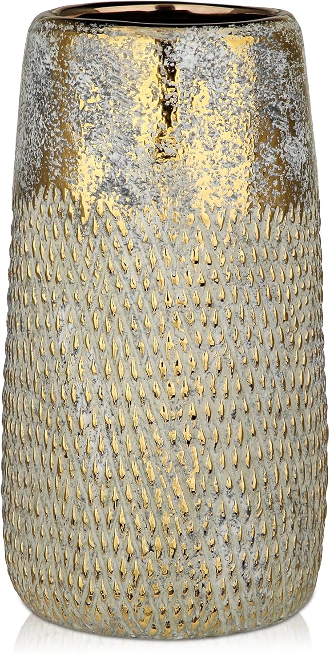 10.2" Ceramic Flower Vintage Vase - White & Gold Textured Metal Ceramic Vase for Farmhouse Modern Home Decor Pampas Grass Centerpieces Living Room Bedroom Office Decoration