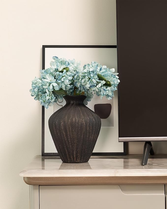 Black Ceramic Vase 7.95 Inch – Handmade with Hand-Painted Gold Detailing – Sculptural Art Decor for Modern Minimalist Home – Organic Tabletop Flower Vase for Living Room or Shelf