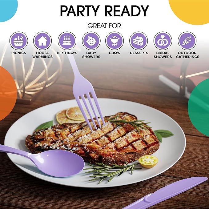 Party Solids Lavender Plastic Silverware Heavy Duty 150 Pieces Lavender Plastic Cutlery Sets, Utensil Sets, 50 Of Each Forks, Knives & Spoons Disposable Cutlery Set, Flatware Set For Party Supplies