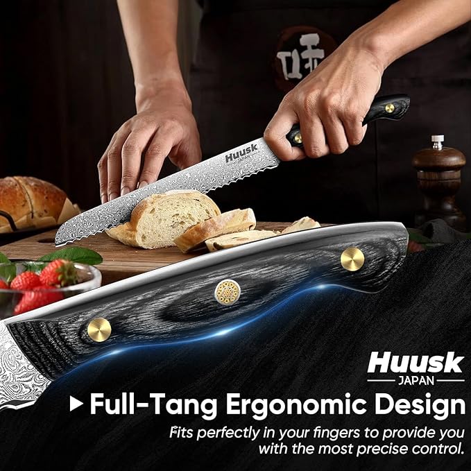 Huusk Damascus Serrated Bread Knife for Homemade Bread, VG10 Serrated Knife with Wide Wavy Edge, Tomato Slicer knife with Wooden Handle for Sourdough Baguette Sandwich,Birthday Dad Mom Gift