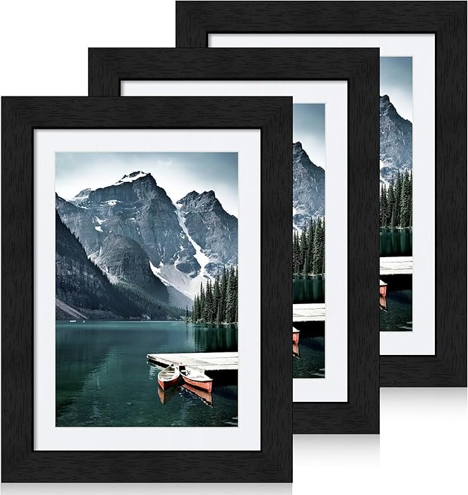 5x7 Black Picture Frames set of 3, Made of Wooden and Glass Photo frame - Displays Picture 4x6 with Mat or 5 x 7 without Mat, Desktop & Wall Collage Frame set