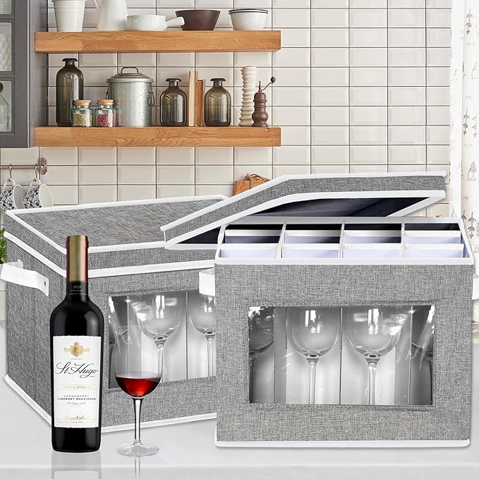 homyfort 2 Pack Stemware Storage Cases, Wine Glass Storage Box with Dividers, China Crystal Glass Storage Containers Organizer for 24 Glassware Moving and Protection (Grey)