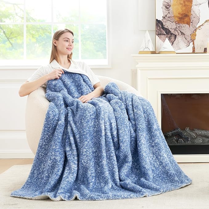 Cozy Bliss Luxury Sherpa Throw Blanket for Couch, Premium Reversible Plush Thick Throw, Warm Cozy Soft Blanket for Home and Gifts (Mottled Navy Blue, 50" x 60")