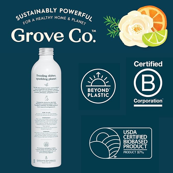 Grove Co. Ultimate Dish Soap Refills (3 x 16 Fl Oz) + Refillable Glass Dish Soap Dispenser for Kitchen Sink with Non-Slip Silicone Sleeve, Plastic Free Cleaning Products, Lavender Blossom & Thyme